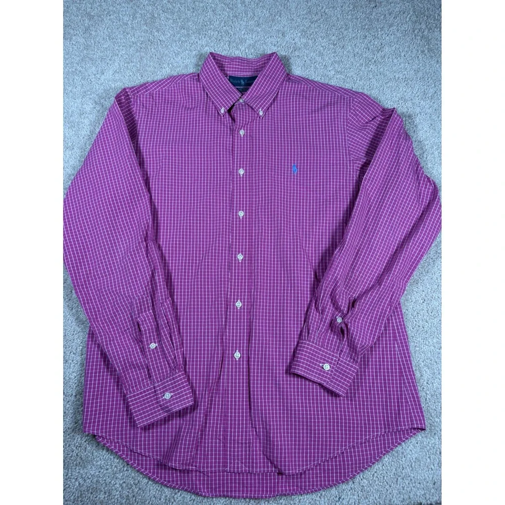 Polo Ralph Lauren Mens Large Custom Fit Pink Check Button Down Shirt Long Sleeve